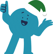 a blue cartoon character wearing a santa hat gives a thumbs up