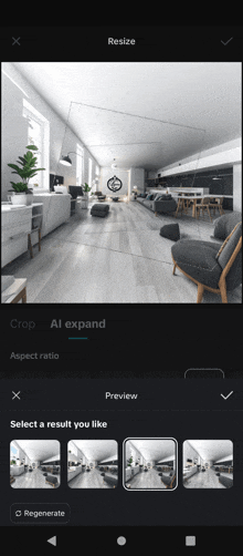 a black and white photo of a living room is being edited on a phone