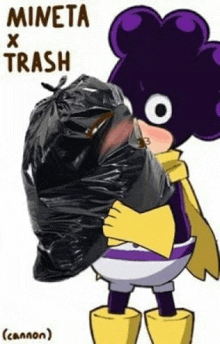 a cartoon character is holding a trash bag in his hand .