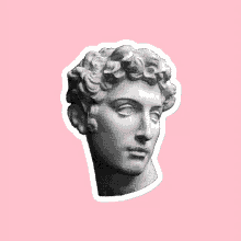 a statue of a man 's head with blue eyes on a pink background