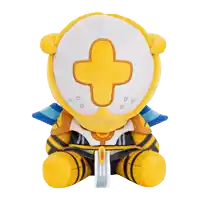 a yellow and white stuffed animal with a cross on its head