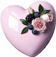 a heart shaped cake with flowers and berries on top