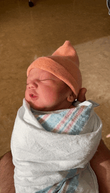 a newborn baby is wrapped in a blanket and wearing a hat