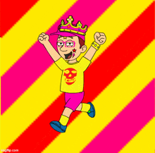 a cartoon boy wearing a crown and a yellow shirt with a skull on it