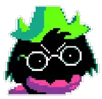 a pixel art drawing of a cartoon character with glasses and a green hat .