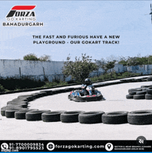 an advertisement for forza go karting shows a person riding a go kart