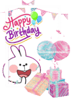 a birthday card with a bunny holding balloons and presents