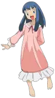 a girl with blue hair is wearing a pink pajama dress