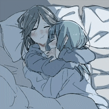 a drawing of two girls hugging in bed