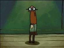 a cartoon character wearing glasses and a bow tie is standing on a wooden floor