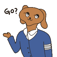 a cartoon of a dog wearing a blue jacket with the word go above it