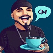 a man holding a cup of coffee with a gm speech bubble