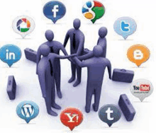 a group of people are shaking hands in a circle with social media icons around them .