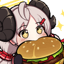 a little girl with horns is eating a hamburger .