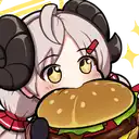 a little girl with horns is eating a hamburger .