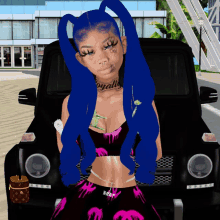 a girl with blue hair is standing in front of a car that says brat