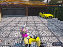 a screenshot of a video game shows a yellow car parked in front of a garage door