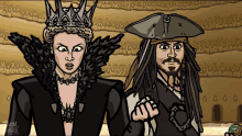 a cartoon of jack sparrow standing next to a woman with a crown on her head