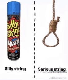 a can of silly string next to a rope noose