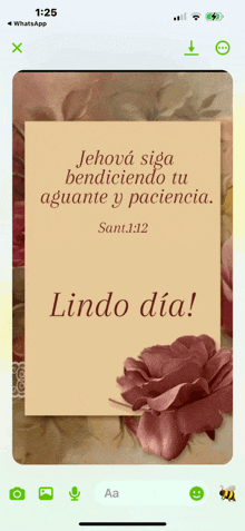 a phone screen shows a message from jehova siga bendiciendo tu aguante y paciencia lindo dia