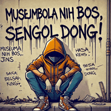 a drawing of a person sitting in front of a wall that says museuma nih bos sengol dong