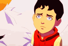 a young boy with blue eyes and a red hoodie is looking at something .