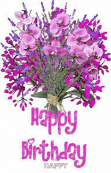 a birthday card with a bouquet of purple flowers