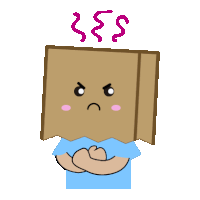 a cartoon drawing of a person with a cardboard box on their head making an angry face