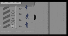 a pixel art of people walking down a street with arrows pointing in different directions