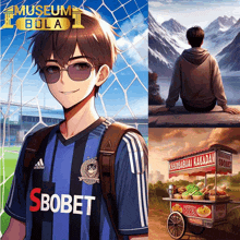 a poster for museum bola ii shows a boy wearing an adidas jersey