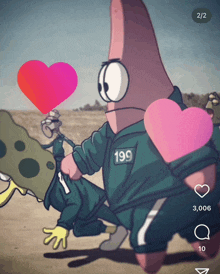 a cartoon of patrick star with the number 199 on his sweatshirt