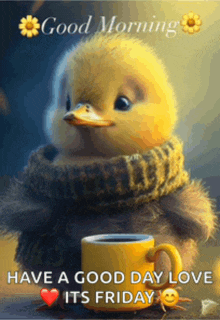 a duck is sitting next to a cup of coffee with the words good morning have a good day love its friday