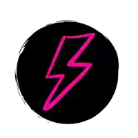 a pink lightning bolt in a black circle on a white background