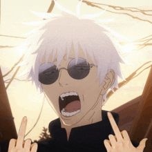 a cartoon character with white hair and black sunglasses giving the middle finger