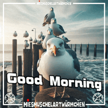 a picture of seagulls on a pier with the words " good morning " on the bottom