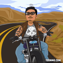 a cartoon of a man riding a motorcycle with the website toonme.com below