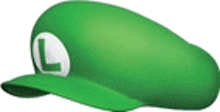 a green hat with a white letter l on it on a white background .