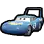 a pixel art drawing of a blue car from the movie cars on a white background .