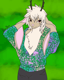 a drawing of a rabbit wearing a green and purple sweater has the name allen on it