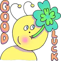 a cartoon drawing of a bee with a flower in its mouth and the words good luck written below it