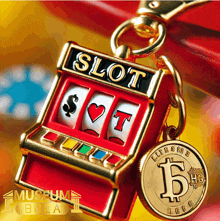 a red and gold slot machine with a gold coin that says ' live & rub ' on it