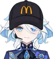 a girl wearing a mcdonald 's hat and a microphone