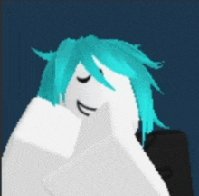 a cartoon character with blue hair is smiling