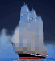 a pixelated image of a sailboat in the ocean with smoke coming out of the sails