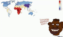 a map of the world with a cartoon of a man saying shhhh eeeeee iiiitt