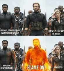 a group of people standing next to each other with the words flame on at the top