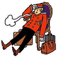 a cartoon of a man laying in a chair with a suitcase and a briefcase next to him