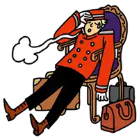 a cartoon of a man laying in a chair with a suitcase and a briefcase next to him