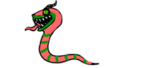 a drawing of a pink and green snake with horns and teeth