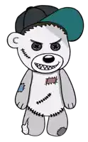 a drawing of a teddy bear wearing a hat with stitches on it